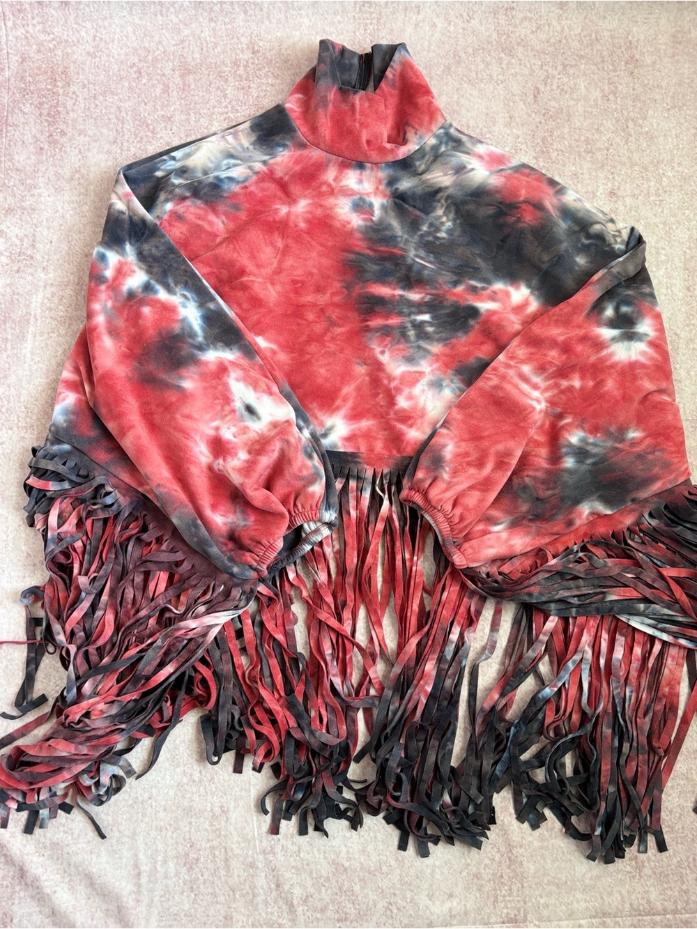Size Large Unique Western Long Sleeve Tie-Dye Fringe Turtleneck Sweater